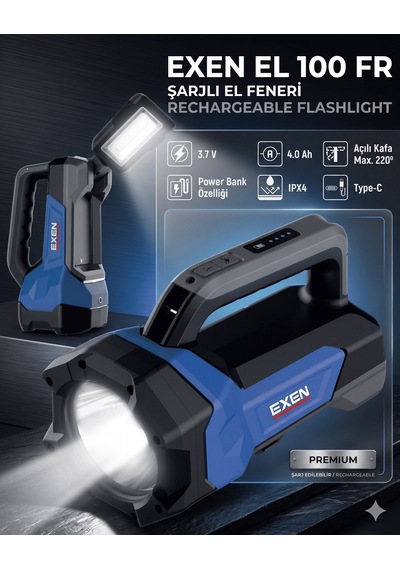 Exen El 100 Fr - 3.7v 4ah 600 Lümen Şarjlı El Feneri