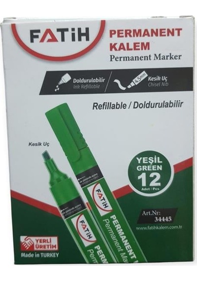 Fatih Doldurulabilir Yeşil Renk Marker Koli Kalemi Kesik Uç 4.5mm 12'li Paket Çok Renkli