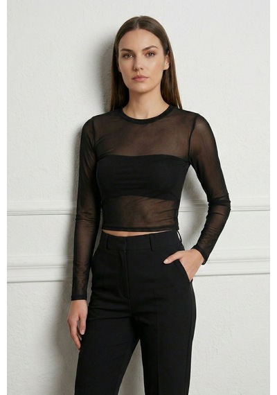 Kadın Siyah Transparan Tül Bluz Uzun Kollu Crop Tül-ince Dokulu Kadın Bluz-body-badi Siyah