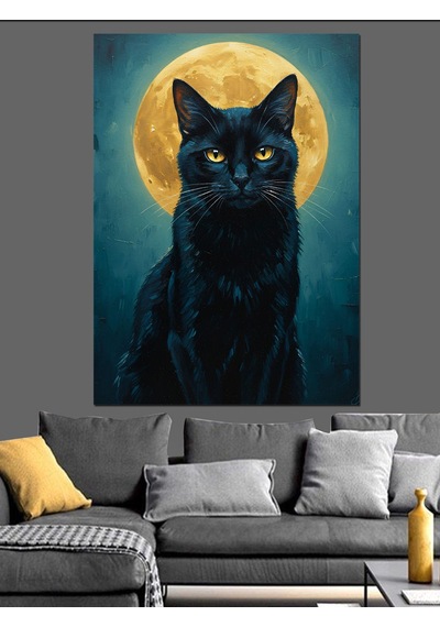 Ahşap Tablo Dolunay Altındaki Kara Kedi Çocuk Odası Tabloları