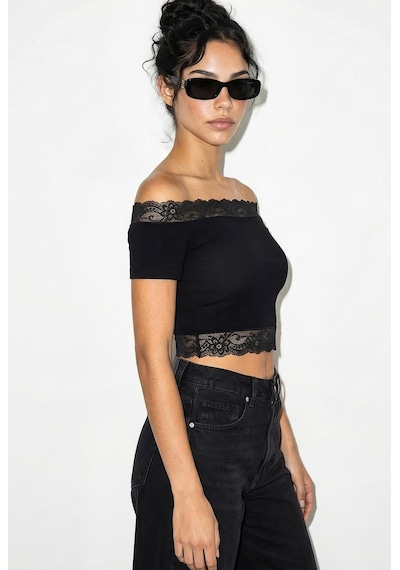 Shade Kadın Madonna Yaka Dantel Detaylı Soft Touch Crop Bluz 0992 60286052 - Siyah