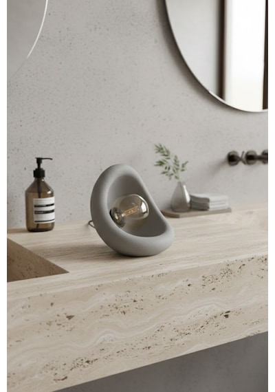 Modern Beton Dokulu Abajur Organik Oval Gece Lambası Masaüstü Komodin Lambası 25 Cm Gri