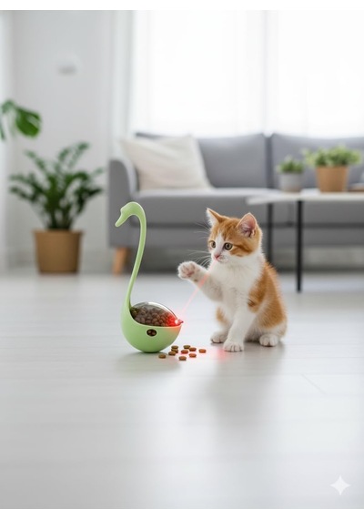 Lazerli Kuğu Kedi Oyuncağı Hareketli Hacıyatmaz & Mama Dağıtıcı Etkileşimli Egzersiz Oyuncağı