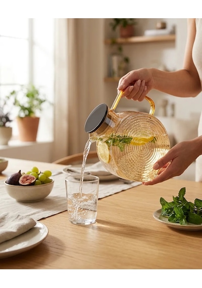 Borosilikat Cam Amber Salyangoz Desenli Filtreli Sürahi 2500 Ml Ve 2 Adet 300 Ml Bardak
