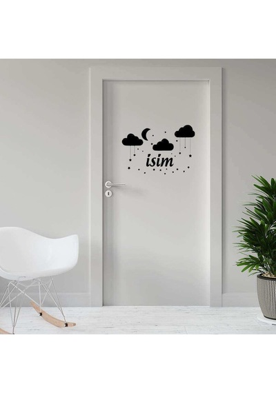 Ay, Bulut Ve Yıldızlar Uyku Temalı - Isme Özel Dekoratif Kapı Sticker, Çıkartma