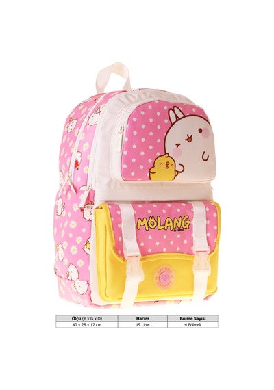 Kaukko Kids Dört Bölmeli Kız Çocuk Molang Baskılı Pembe - Sarı Okul Sırt Çantası - L5318 Çok Renkli
