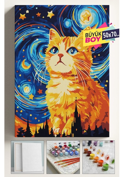 Sayılarla Boyama Seti Numaralı Tuval Fırça Boya Dahil Kasnaklı Set 50x70 Cm - Yıldızlı Turuncu Kedi