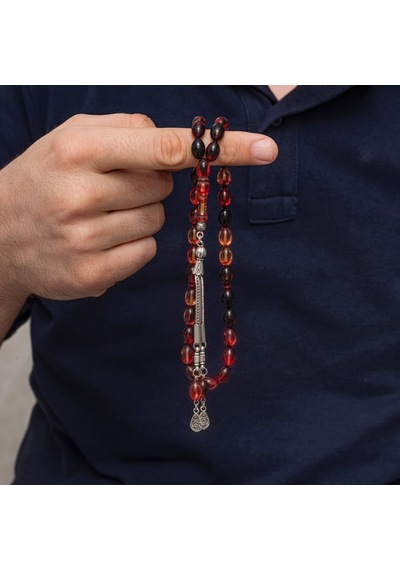 Premium Parlak Eskitmeli Metal Püsküllü Siyah Ve Ateş Tonlu Sıkma Kehribar Tesbih Çok Renkli