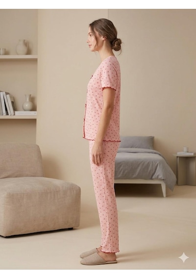 Sleeproom Yazlık Pembe Kiraz Desenli Kısa Kol Penye %100 Pamuk Pijama Takım Pembe Kırmızı Kiraz