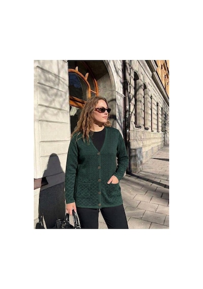 Onno Style Women Desenli Çelik Örgü Klasik Triko Ceket Yeşil