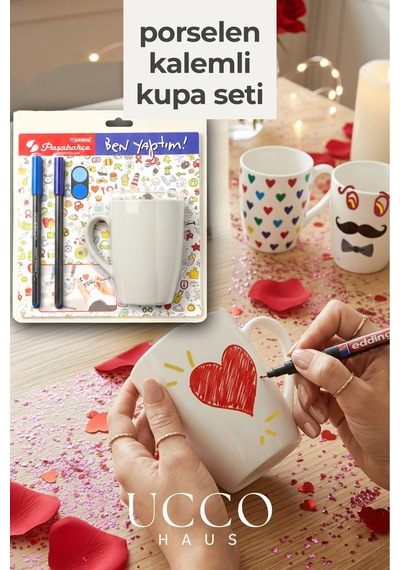 Dıy Kupanı Kendin Tasarla Seti - 1 Adet Paşabahçe Porselen Kupa X 2 Edding Kalem Sevgililer Günü Beyaz