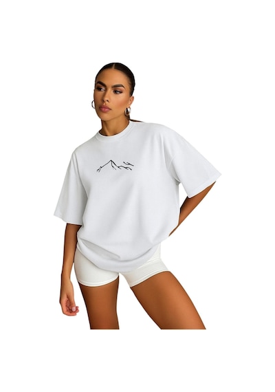 Dağ Baskılı Kadın Oversize Unisex Tişört BEYAZ