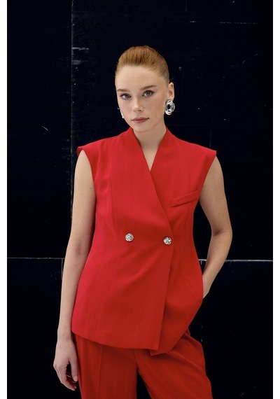 Sateen Anna Çizgili Yelek - Kırmızı-137104 Kırmızı