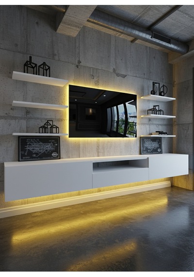 Resital Duvara Monte Ledli 270 Cm Tv Ünitesi Duvar Raflı - Ll6033 Beyaz