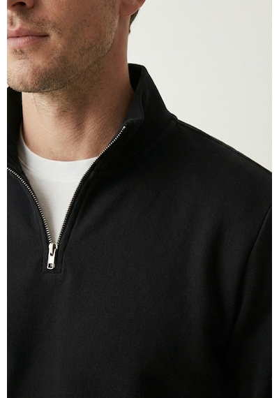 Elemge Pamuklu Erkek Sweatshirt Siyah Soft Touch Relax Fit Yarım Fermuarlı Dik Yaka 3 Iplik Nefes Alan