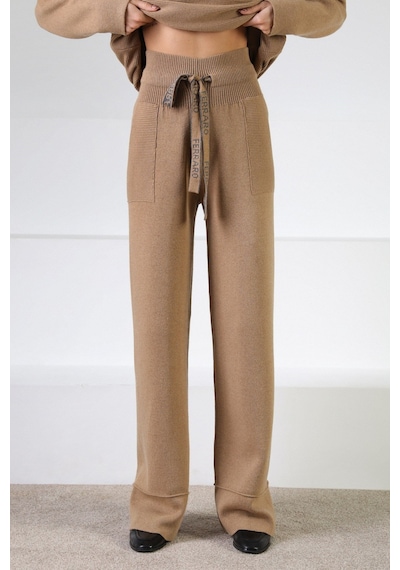 Ferraro Camel Beli Kuşaklı Cepli Kaşmirli Kadın Triko Pantolon Camel