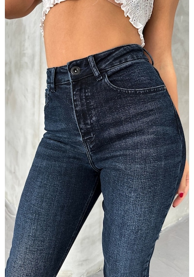 HLT Jeans Blue Black Kadın Likralı Boyfriend Jean Yüksek Bel Esnek Kot Pantolon Mabel-2021 Blue Black