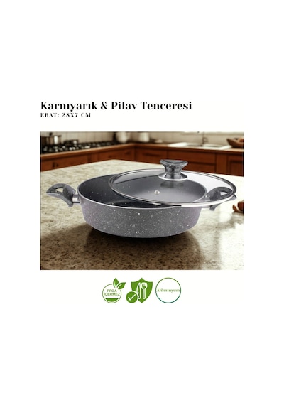 28 Cm Granit Karnıyarık & Pilav Tenceresi Cam Kapak - Gri Gri