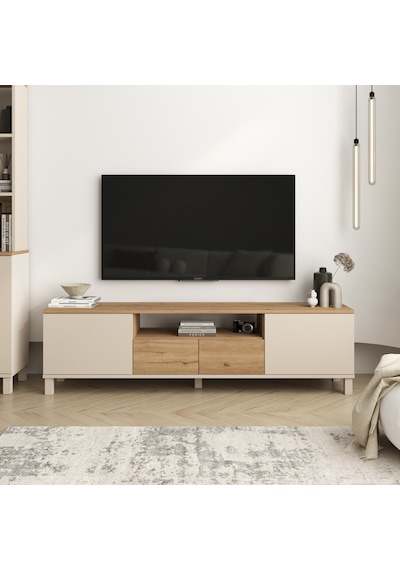 Robin Home Urban Tv Ünitesi Sehpası 2 Kapaklı 2 Çekmeceli Ahşap Ayaklı 180cm Kumsal-sepet Bej