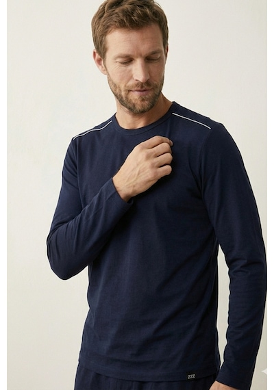Elemge %100 Pamuk Süprem Uzun Kollu Pijama Üstü Erkek T-shirt Compact Penye Rahat Kalıp Tok Kumaş Lacivert