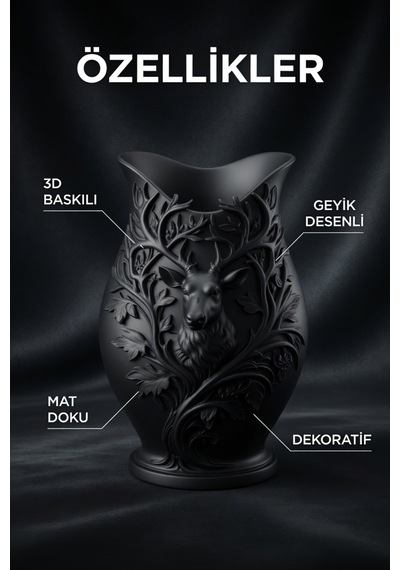3d Baskılı Geyik Desenli Dekoratif Vazo 15 Cm Siyah