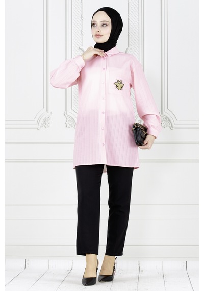 Sevitli Cebi Arı Detaylı Keten Tunik-pembe-3871-pembe Pembe