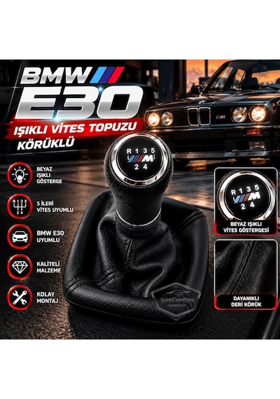 Bmw E30 Uyumlu Led Işıklı Deri Vites Topuzu Ve Körüğü Set Körüklü Vites Topuzu 5 İleri 1 Geri Siyah