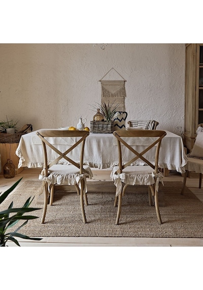 El Yapımı Buldan Yıkanmıs Keten 4 Tarafı Fırfırlı Sandalye Minderi Naturel