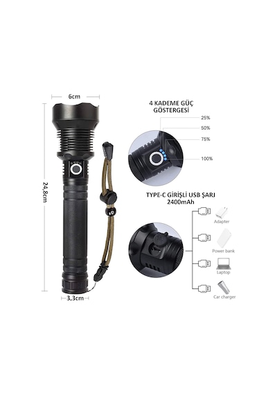 Valkyrie Şarjlı Led Ultra Güçlü El Feneri 2400mah Zoom Darbeye Suya Dayanıklı 1. Kalite Siyah