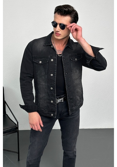 HLT Jeans Erkek Antrasit Jean Denim Standart Kalıp %100 Pamuk Cepli Düğmeli Kot Ceket 001
