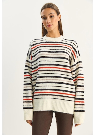 Shade Kadın Bisiklet Yaka Çizgili Oversize Triko Kazak 2524 60283680 - Krem