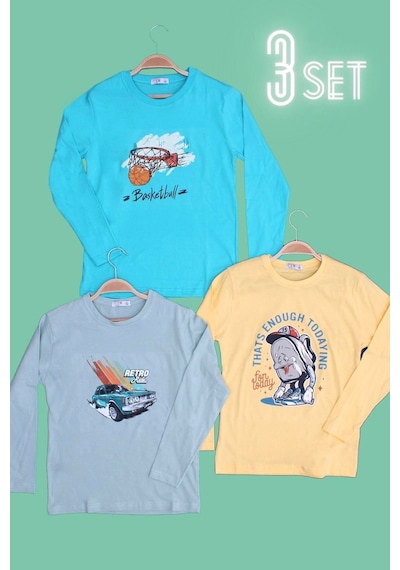 Panios Kids 3'lü Düz Basketball-retro Car-todaying Erkek Çocuk Uzun Kol Turkuaz-mint Yeşili-sarı Sweatshirt Çok Renkli