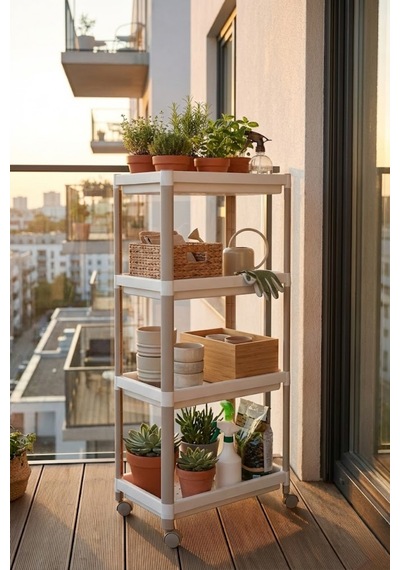 4 Katlı Tekerlekli Modüler Raf Ünitesi - Çok Amaçlı Mutfak Banyo Balkon Düzenleyici Beyaz