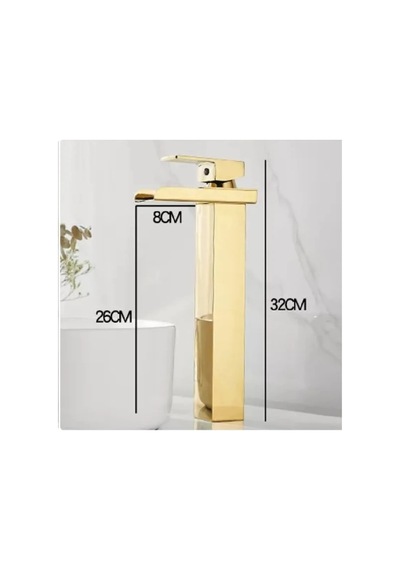 Rena Design Mat Gold Köşeli Gövde Çanak Lavabo Bataryası Havza Model Uzun Altın Lavabo Musluğu Çift Girişarmatür Mat Altın Gold