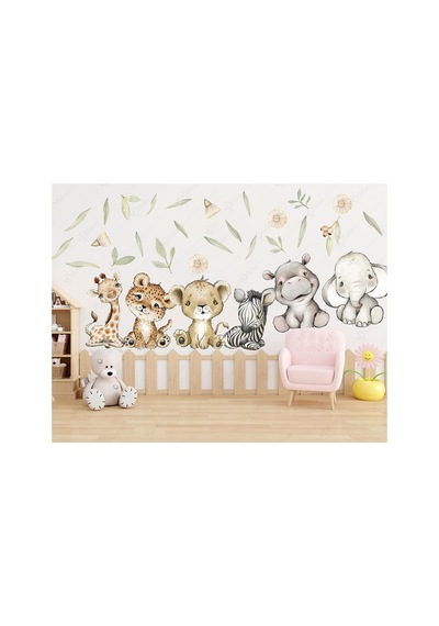 Sevimli Safari Hayvanları Ve Yeşil Yapraklar Çocuk Bebek Odası Cam Duvar Sticker Seti