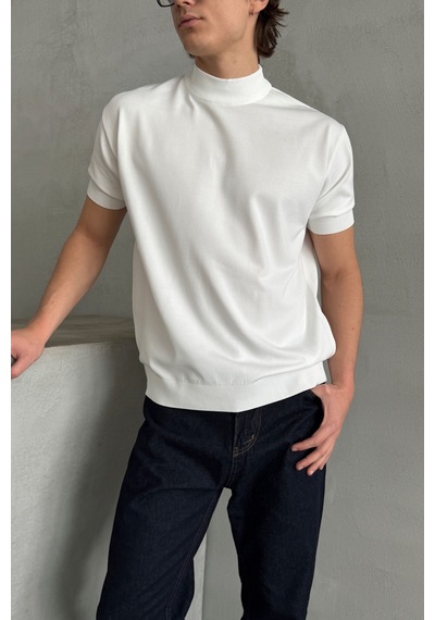 Erkek Oversize Yarım Balıkçı Triko T-shirt Beyaz