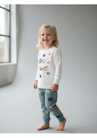 Kız Çocuk Pamuklu Be Nice Yazılı Uzun Kollu Pijama Takımı-11396 KREM