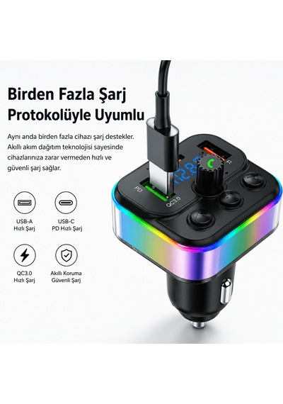 Bluetooth Araç Kiti Fm Transmitter Usb Type-c Pd Rgb Led Işıklı Flash Bellek Mp3 Çakmaklık Girişli