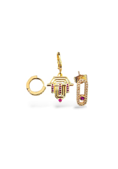 Pembe Taşlı Üçlü Şövalye Çelik Küpe Gold