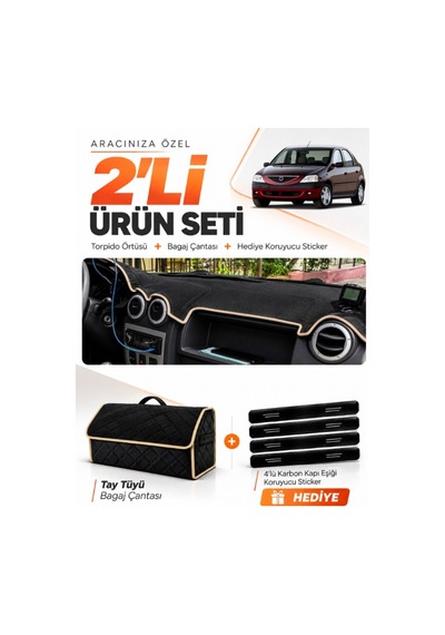 E-biz Dacia Logan 1 2004-2008 Uyumlu Torpido Örtüsü + Tay Tüyü Bagaj Çantası - Siyah-bej - Da006