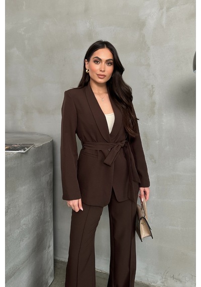 Meecy Kadın İkili Kuşaklı Blazer Ceket Ve Pantolon Takım Kahverengi Kahverengi