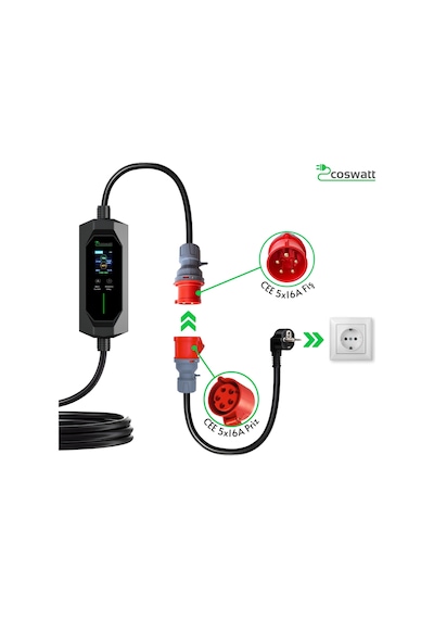 Coswatt 11 KW 3p-16a Tip-2 380v Ac Elektrikli Araç Sarj İstasyonu + Ev Tipi Dönüştürücü Kablo 5 M + Taşıma Çantası Coswatt 11 KW 3p-16a Tip-2 380v Ac Elektrikli Araç Sarj İstasyonu + Ev Tipi Dönüştürücü Kablo 5 M + Taşıma Çantası