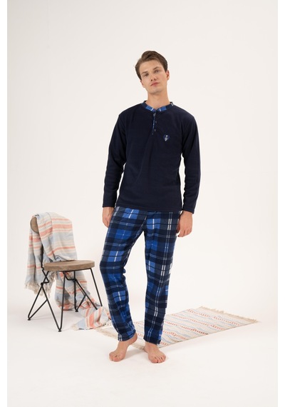 Estiva Erkek Kışlık Düğmeli Yaka Kareli Alt Polar Pijama Takımı 001