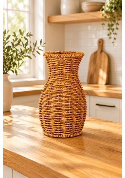 Atbyhome Doğal Hasır Rattan Çiçek Vazosu 26 Cm - Masa Üstü Dekoratif El Örgüsü Kuru Çiçeklik Ve Saksı Kahverengi