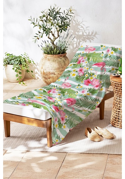 Flamingo Tropikal Çiçekli Plaj Havlusu - Mint Pembe Marine Çizgili Hızlı Kuruyan Mikrofiber Havlu Çok Renkli