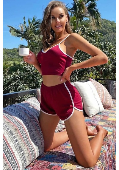 Ang Butik Kadın Bordo Askılı Crop Top Ve Şortlu Gecelik Takım