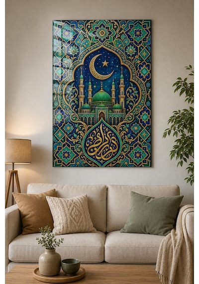 İslami Cami Desenli Baskılı Cam Tablo Altın Varak Görünümlü Dekoratif Duvar Tablosu