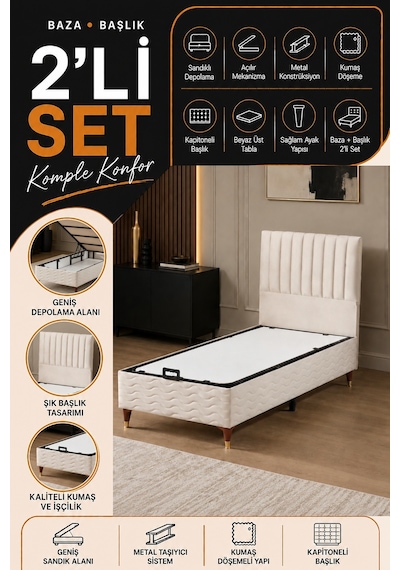 Beehanem Ezgi Krem 120x200 En Geniş Tek Kişilik Premium Baza Başlık Takımı 2'li Set 120 x 200