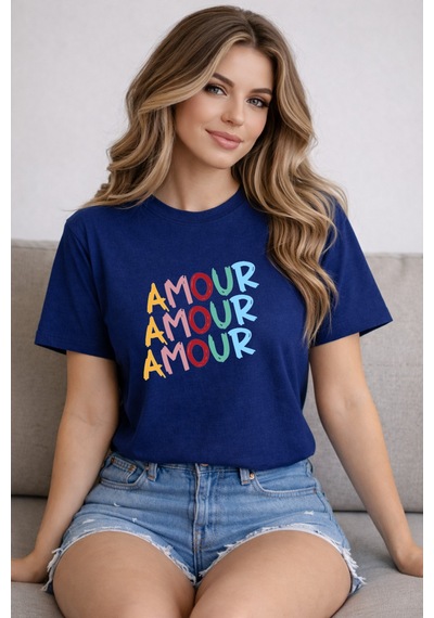 Herkesemoda Amour Baskı Detaylı Basic T-shirt Lacivert