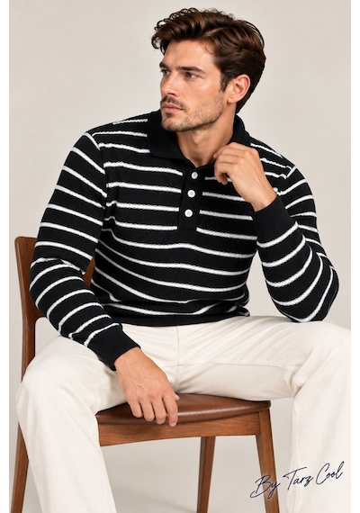 Cool Tarz Erkek Çizgili Polo Yaka Triko Kazak Slim Fit Uzun Kollu Pamuk Akrilik Karışımlı Siyah Siyah
